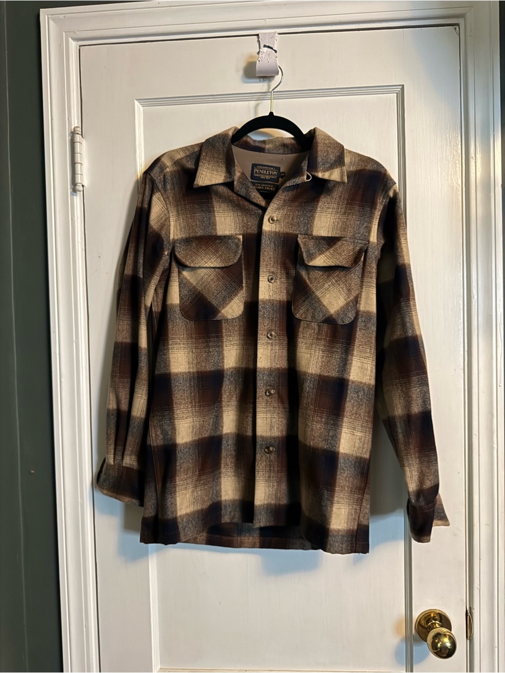 Pendleton Wool Plaid Board Shirt in brown and navy. XS